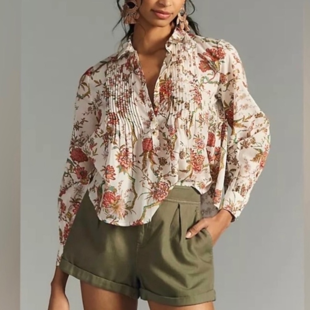 NEW Anthropologie Pilcro Jolie Floral Blouse ecru coral Peasant Top NWT MED Pet